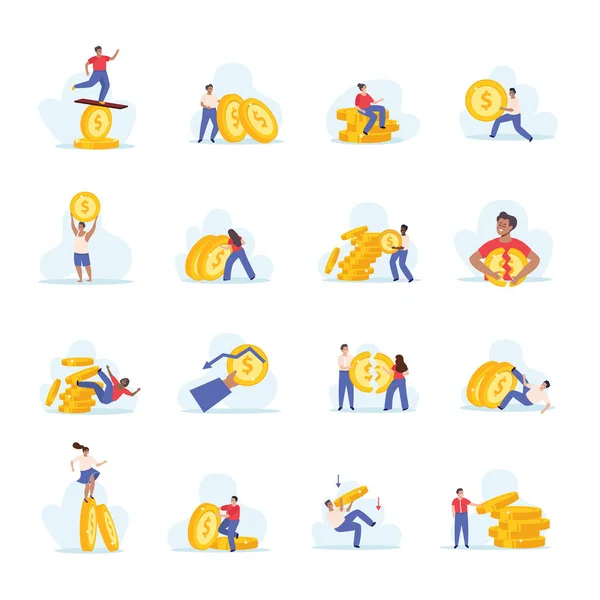 Financiële Instabiliteit Set Van Platte Geïsoleerde Iconen Met Doodle Karakters — Stockvector