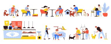 Kedi ve köpeklerle iletişim kuran evcil hayvan kafesi ziyaretçileri izole edilmiş vektör çizimi