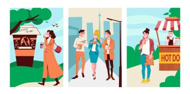 Dışarıdan izole edilmiş vektör illüstrasyonunda insanların içtiği ve yemek yediği düz afişler.