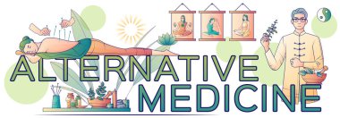 Metin ve yoga ile alternatif tıp düz çizgi kompozisyonu iğne ve bitki vektör illüstrasyonlu akupunktur simgeleri oluşturur