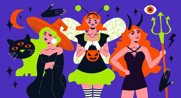 Chicas Con Disfraces Halloween Hadas Del Diablo Composición Plana Bruja — Vector de stock