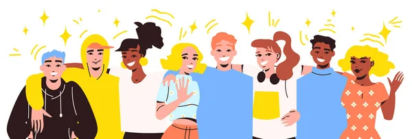 Группа Счастливых Обнимающих Подростков Девочек Мальчиков Плоские Векторные Иллюстрации — стоковый вектор