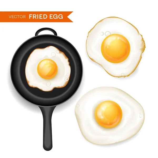 平底锅煎鸡蛋与白色背景分离病媒解说的一组现实的顶视图 — 图库矢量图片