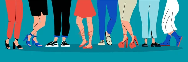 在彩色背景平面插图上穿着时髦鞋子的女性和男性腿 — 图库矢量图片