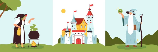 王国三平方构图 具有巫师的户外景观特征和城堡建筑矢量图解 — 图库矢量图片