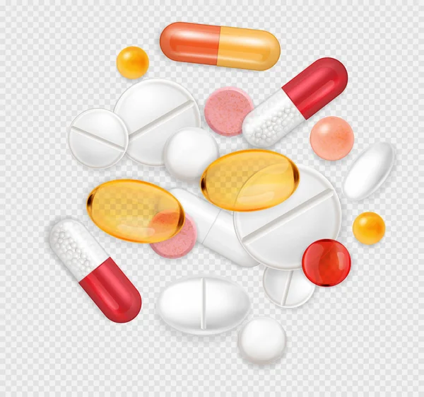 Realistische Zusammensetzung Von Pillen Kapseln Mit Einem Bündel Von Medikamenten — Stockvektor