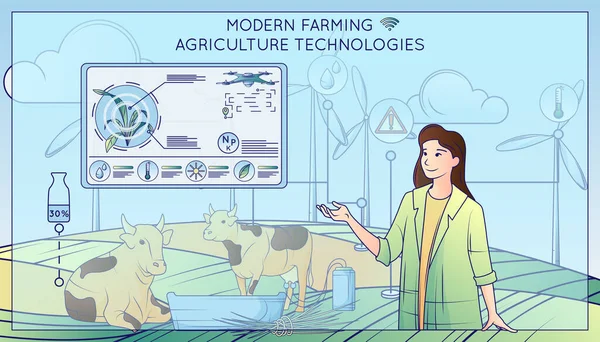 Modernas Tecnologias Agrícolas Composição Linha Plana Com Vacas Ordenha Aparelho —  Vetores de Stock