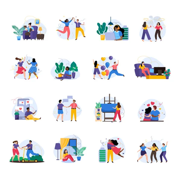 stock vector Introvert and extrovert people flat icons of human characters loving noisy parties and spending leisure time at home isolated vector illustration