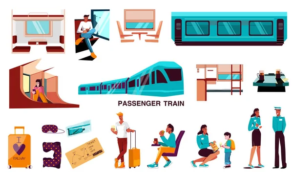 Treno Passeggeri Piatta Serie Persone Viaggio Con Bagaglio Attesa Trasporto — Vettoriale Stock