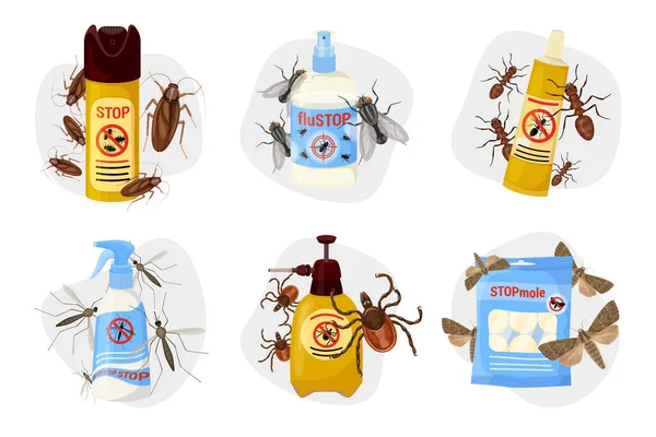 Schadelijke Insecten Cartoon Gekleurde Samenstelling Set Remedies Voor Verschillende Soorten — Stockvector