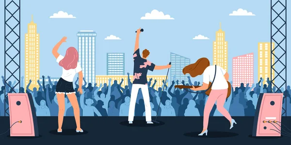 Open Air Festival Flat Concept Music Band Playing Front Audience — Stock Vector