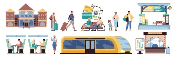 Flachbild Symbole Für Bahnhöfe Mit Fahrgästen Und Zugwaggon Als Vektorillustration — Stockvektor
