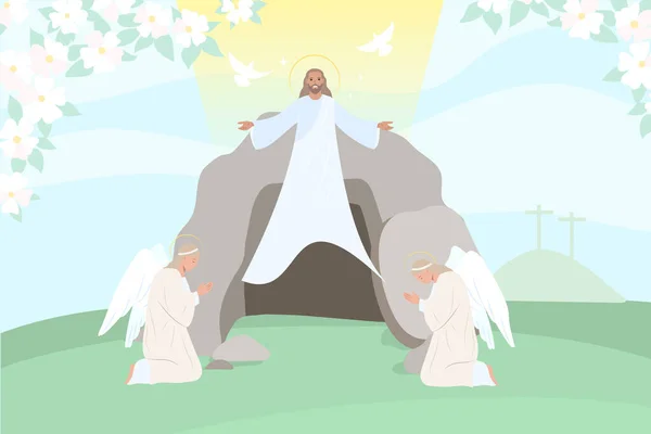 Resurrección Jesucristo Con Palomas Angulares Ilustración Vectorial Plana Luz Divina — Vector de stock