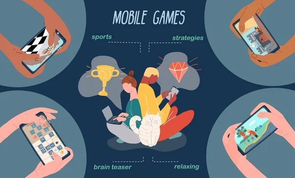 Jeux Mobiles Jeu Infographique Plat Mains Humaines Isolées Jouer Des — Image vectorielle