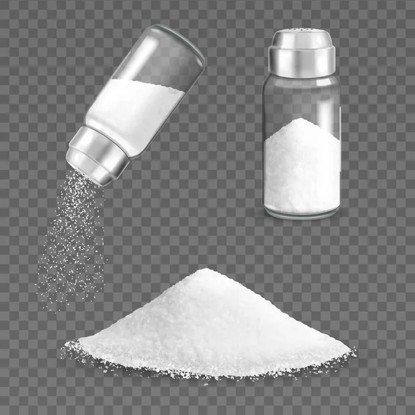 透明な背景と塩セラーと粉末杭ベクトルイラストの孤立したイメージで設定された現実的な塩のシェーカー — ストックベクタ