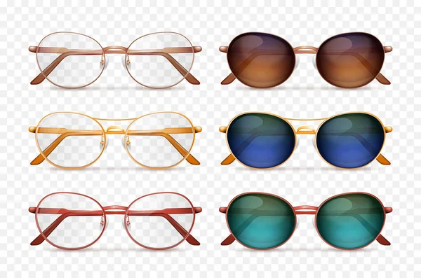 Realistyczny Zestaw Klasycznych Okularów Okularów Przeciwsłonecznych Kolorowymi Soczewkami Przezroczyste Tło — Wektor stockowy