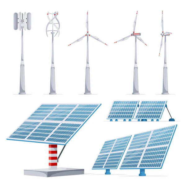 風力タービンと太陽光パネルで現実的な生態系の緑のエネルギーセット孤立ベクトル図 — ストックベクタ