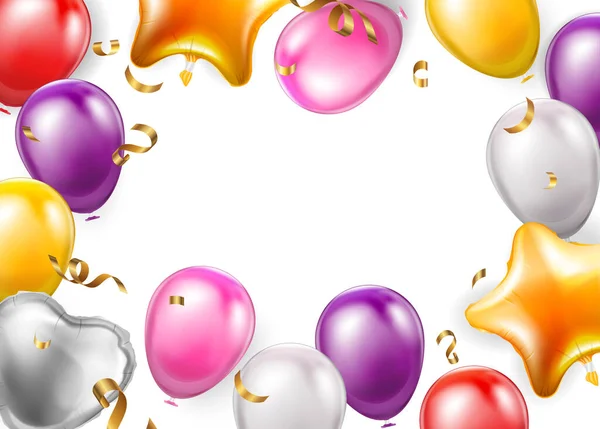 由金色 紫色和银色气球组成的庆祝晚会框架现实的背景矢量图解 — 图库矢量图片
