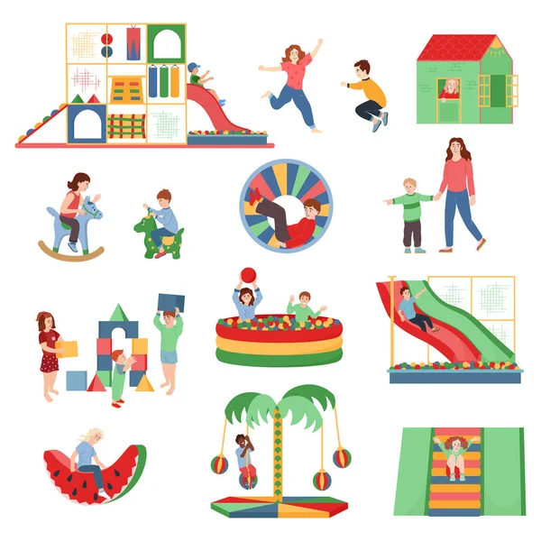 Crianças Dentro Casa Elementos Playground Ícones Planos Conjunto Bola Piscina —  Vetores de Stock