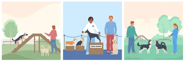 Kutyatenyésztő Üzlet Lapos Készlet Négyzet Alakú Kompozíciók Emberekkel Háziállatokkal Parkban — Stock Vector