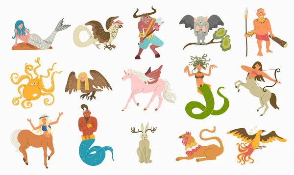 Créatures Mythiques Ensemble Plat Avec Des Images Style Doodle Isolés — Image vectorielle