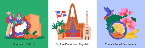 多明尼加共和国三平方构图的设计概念集 描绘了南岛病媒图解的植物区系动物烹调文化 — 图库矢量图片