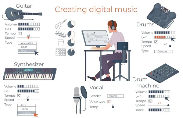Erstellen Digitaler Musik Infografik Layout Das Professionelle Ausrüstung Darstellt Wie — Stockvektor