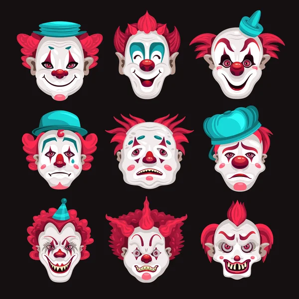 Set Isolated Clowns Faces Cartoon Style Images Red Hair Funny — Stock Vector