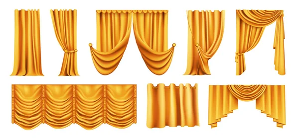 Реалистичные Занавески Золотой Комплект Изолированными Изображениями Висячей Ткани Занавески Морщинами — стоковый вектор