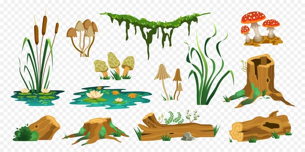 Swamp Forest Color Set Isolated Icons Wooden Trunks Stubs Mushrooms — Stock Vector