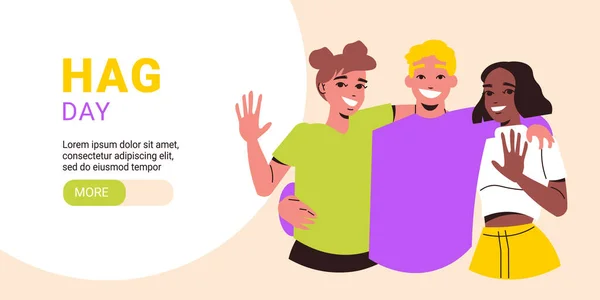 Hug Day Horizontal Website Banner Smiling Hugging Friends Flat Vector — Stock Vector
