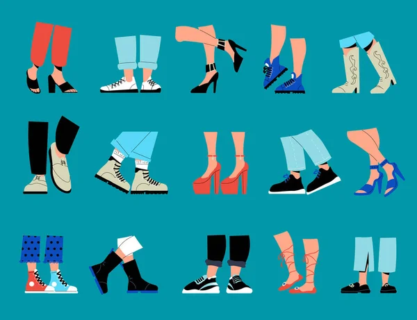 Flache Satz Von Männlichen Und Weiblichen Beinen Tragen Schuhe Stiefel — Stockvektor