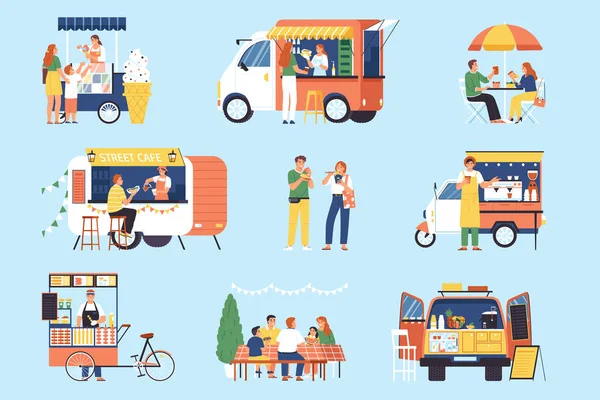 街道食物配色 雪糕摊位 卡车和挂车的独立组合物出售食物媒介图解 — 图库矢量图片