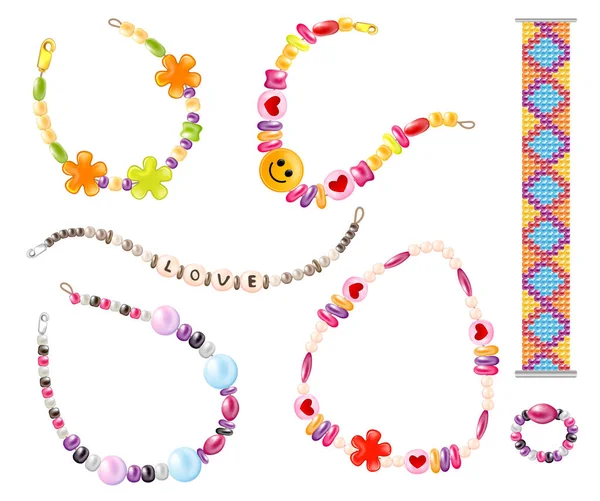 Realistiska Hippie Halsband Armband Set Med Isolerade Dekorationer Gjorda Färgglada — Stock vektor