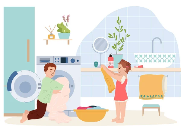 집안일을 아이들은 욕실의 구성을 아이들은 세탁기 삽화를 가지고 빨래를 — 스톡 벡터