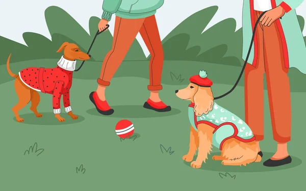 Hondenkleding Platte Achtergrond Met Twee Eigenaren Wandelen Met Hun Huisdieren — Stockvector
