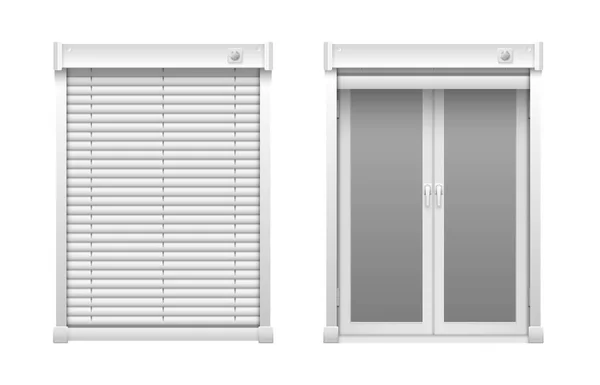 Realistische Jalousien Mit Zwei Isolierten Frontansichten Des Fensters Mit Gezogenen — Stockvektor