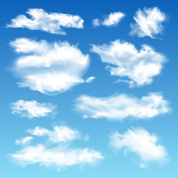 青い空のグラデーションの背景と様々な形のベクトルイラストの孤立した白い雲と現実的な雲の空セット — ストックベクタ