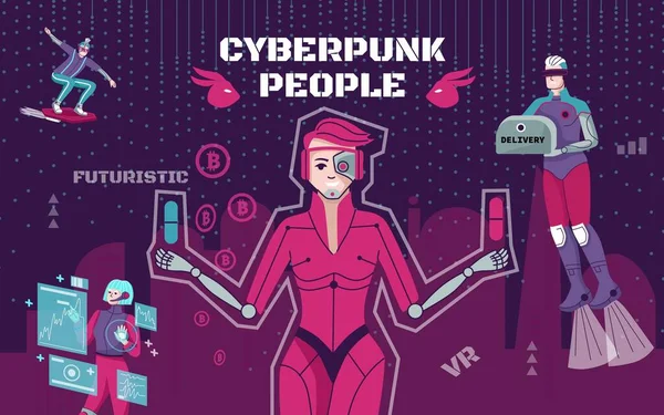 Futuristiska Cyberpunk Människor Platt Collage Med Människor Som Använder Digital — Stock vektor