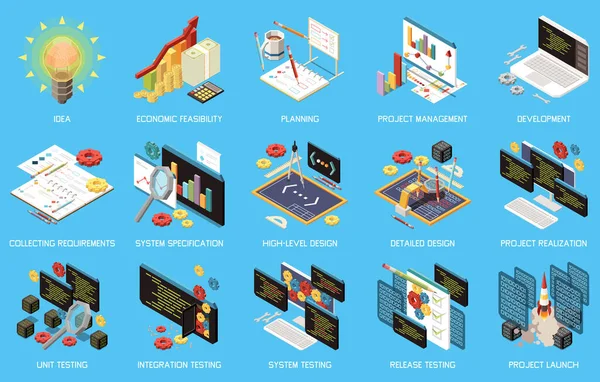 Model Software Development Set Isolated Compositions Isometric Icons Infographic Elements — Vetor de Stock