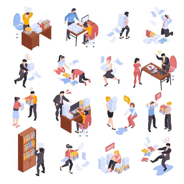 Isometric Office Chaos Unorganized Set Isolated Icons Workplace Problems Characters — Stock Vector