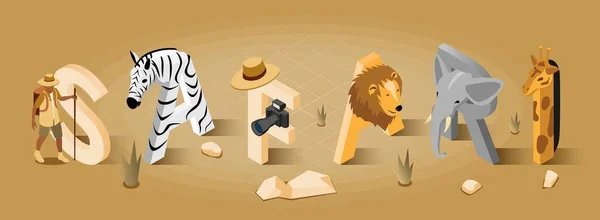 Safari Conceito Turístico Com Elefante Zebra Símbolos Leão Ilustração Vetorial — Vetor de Stock