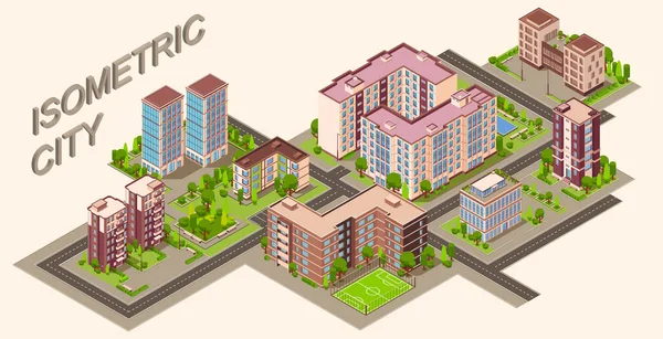 Edificios Ciudad Composición Isométrica Con Texto Vista Aislada Del Distrito — Vector de stock