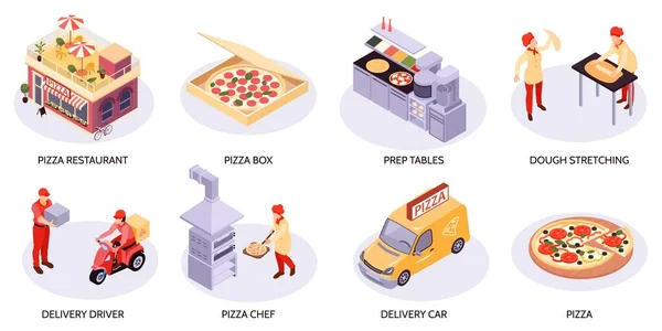 Izometrická Pizza Sada Izolovaných Skladeb Kruhovými Skvrnami Ikonami Dodávkových Vozidel — Stockový vektor