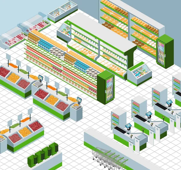 Supermarkt Interieur Isometrische Achtergrond Met Planken Gevuld Door Producten Rijen — Stockvector