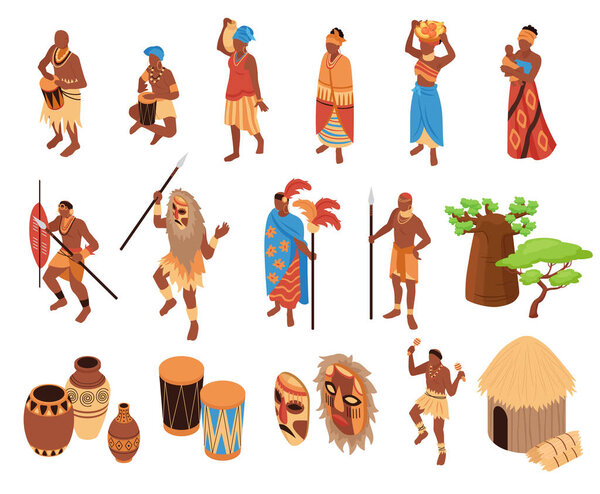 Isometric tribe ethnic african people set with isolated icons of black people with drums masks dwellings vector illustration
