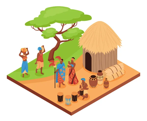 居住地と先住民族の家族と野生の土地の隔離されたビューを持つアイソメトリックアフリカの人々の構成ベクトルイラスト — ストックベクタ