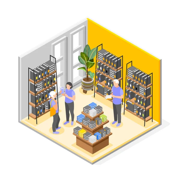Buchhandlung Interieur Isometrische Zusammensetzung Mit Verkäuferin Hilft Kunden Literatur Wählen — Stockvektor