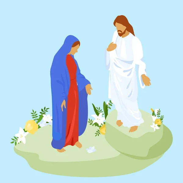 Izometryczne Postacie Jezusa Chrystusa Maryi Dziewicy Niebieskim Tle Wektor Ilustracji — Wektor stockowy