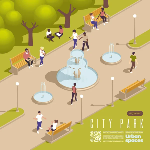 公园喷泉池塘的等距组成与室外风景和人物性格放松的城市公园病媒图片 — 图库矢量图片